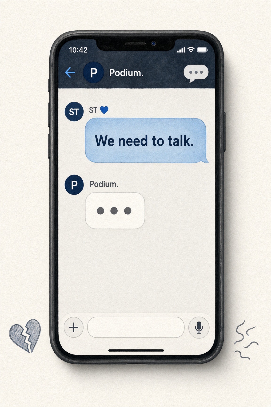 A phone showing a text conversation: ServiceTitan texts Podium "We need to talk."